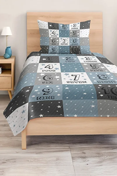 Realhomes Blue Gray Children's and Teenager's Room Pique Set with Numbers and Star Pattern