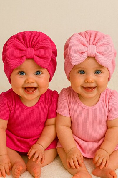 Pico Baby Σετ 2 Βρεφικές Καπέλες Διπλής Στρώσης με Φιόγκο - Φούξια/Ροζ