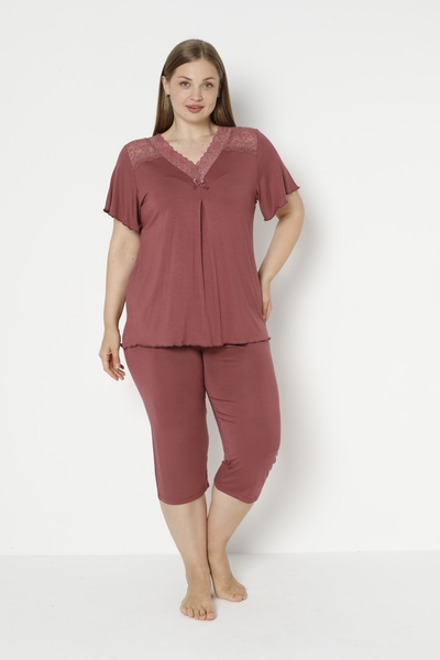 Cotpark Women's Plus Size Viscose Elastane Fabric Short Sleeve Capri Suit 14688