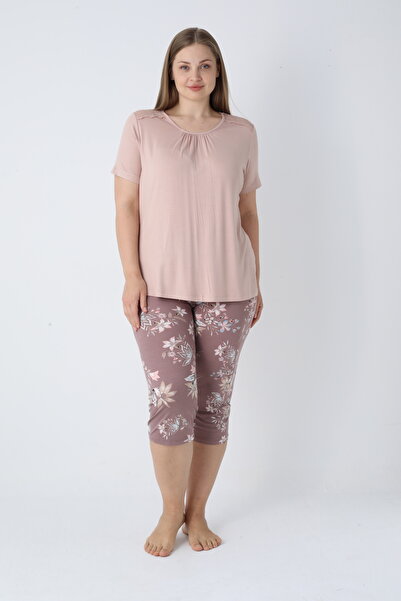 Cotpark Women's Plus Size Viscose Elastane Fabric Short Sleeve Capri Suit 14677