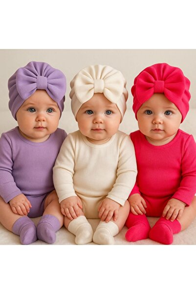 Pico Baby Σετ με 3 μπονέ μωρού διπλής στρώσης με φιόγκο- Μωβ/Κρεμ/Φούξια