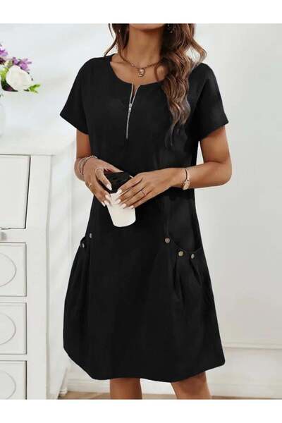 Genel Markalar Kadın Kısa Kollu Yakası Açık Fermuarlı Cep Detaylı Ithal Keten...