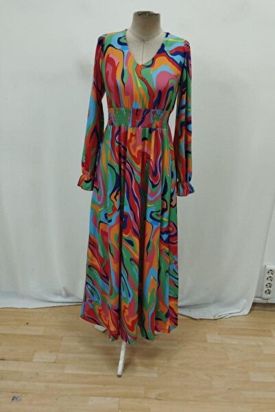 Mossta Uzun Kollu V Yaka Desenli Uzun Süprem Elbise - Desenli