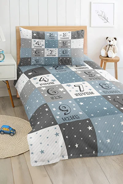 Realhomes Blue Gray Children's and Teenager's Room Pique Set with Numbers and Star Pattern