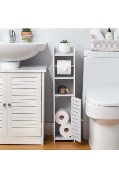 COOYA Toilet Paper Holder Stand,Bathroom Storage Cabinet with Toilet Roll Holder,80x15x17cm,White