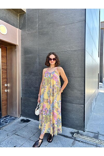 Sude Kızanlıklı Rochie lungă cu model galben bretea crossbody