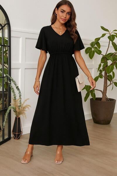 novafems Γυναικείο κοντομάνικο φόρεμα με λαιμόκοψη V με ελαστική μέση μακρύ β...