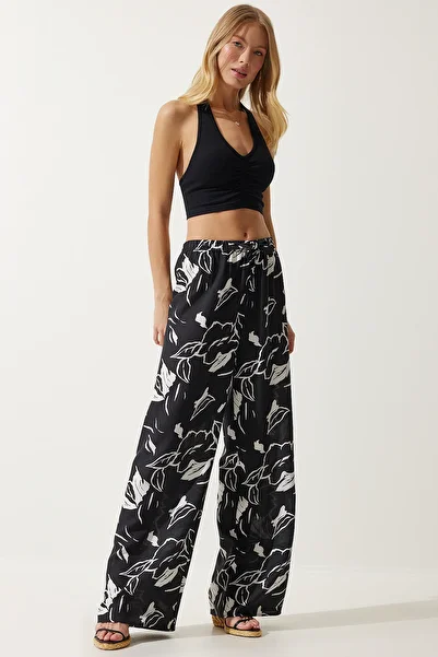 Lovelyİstanbul Patterned Flowing Viscose Palazzo Trousers Len0003 Live Black