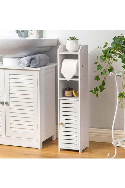 COOYA Toilet Paper Holder Stand,Bathroom Storage Cabinet with Toilet Roll Holder,80x15x17cm,White
