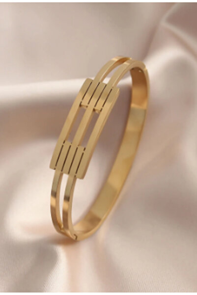 Özce Steel Gold Color Rib Model Handcuff Women's Bracelet