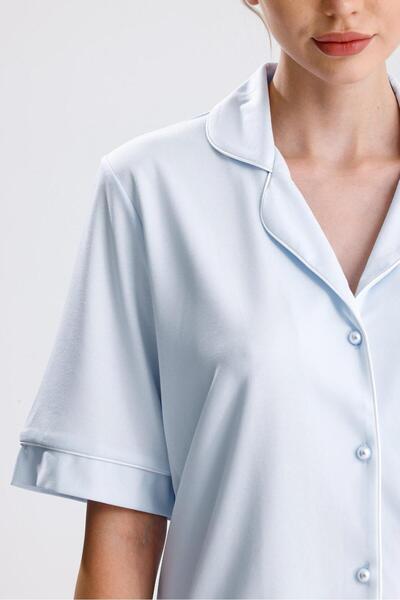 Espuar Classic Women's Shirt Collar Short Sleeve Buttoned Combed Cotton Pajama Set