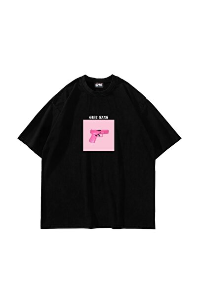 Bak Moda Tricou negru oversize unisex cu print Girl Gang