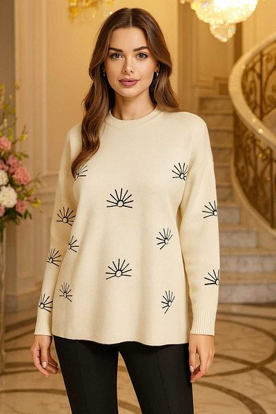 ASEZ BUTİK Women's Oversize Patterned Knitwear Sweater – Cream/Black