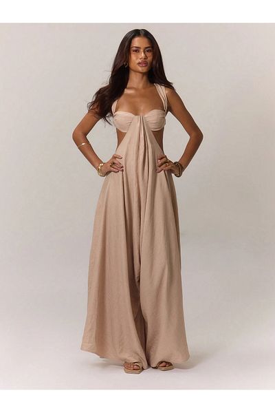 FASHION COCKTAIL Small Small Chest Covered Thick Strap Window Low-Cut Wide Wide Leg Thick Strap Long Jumpsuit