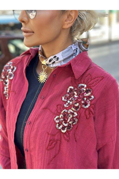 Kokoşum Butik 4165 Cămașă cu paiete Happy Stone Roșu Claret