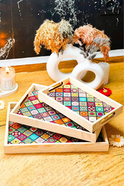 Genel Markalar Ahşap 3 Boy Mandala Desen Servis Sunum Tepsisi Çay Kahve Sunum...