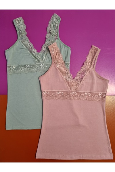 Demirsa Boutique Modal Fabric V-Neck Lace Strap Powder and Green 2-Piece Women's Tank Top