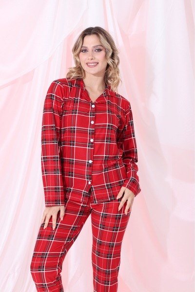 Elit Light Red Plaid Front Button Winter Suede Velvet Women's Pajama Set