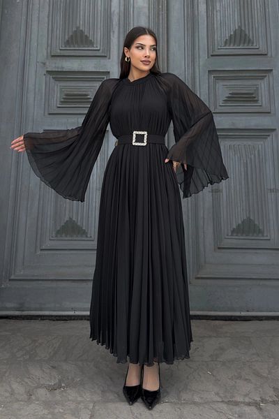 lodmela Pleated Detailed Belted Comfortable Formal Evening Dress 2183-Black