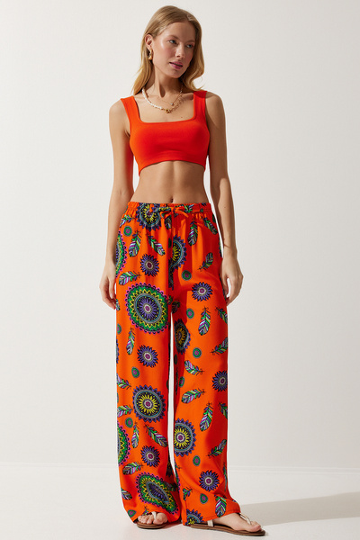 Lovelyİstanbul Patterned Flowing Viscose Palazzo Trousers Len0003 Orange Purple