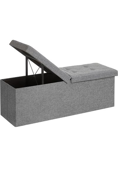 SONGMICS Bancă pliabilă cu capac și spațiu de depozitare, 120 litri, material textil din in, 110x38x38 cm, gri