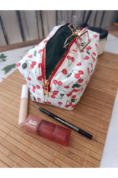 ÖZLEM HANDMADE Cherry Patterned Makeup Bag Large Size