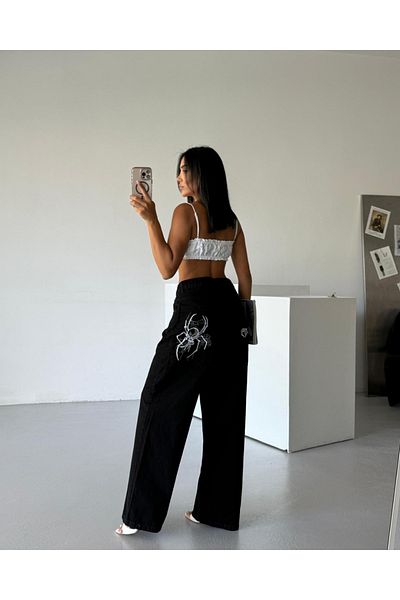 Touz Moda Black Embroidered Retro Spiderpunk Wide Leg Pants