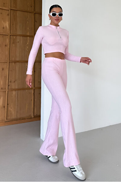 MODAGEN Women's Pink Half Zip Crop Top and Bottom Pants Set