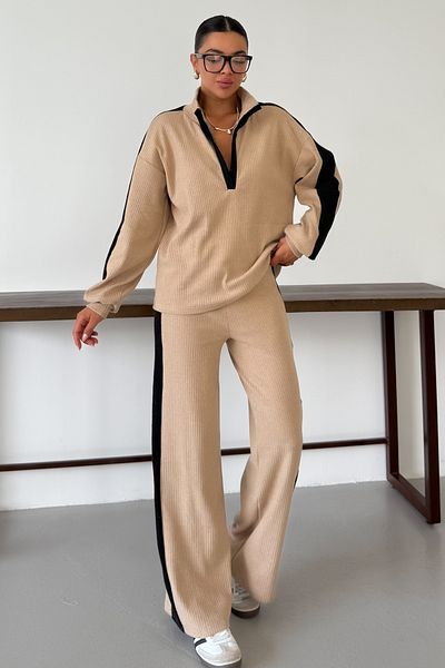 MODAGEN Women's Beige V-Neck Black Line Detail Sweater Bottom-Top Pants Suit