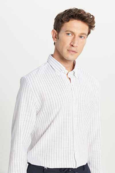 AC&Co / Altınyıldız Classics Men's Gray 100% Cotton Slim Fit Button-Down Collar Dobby Shirt