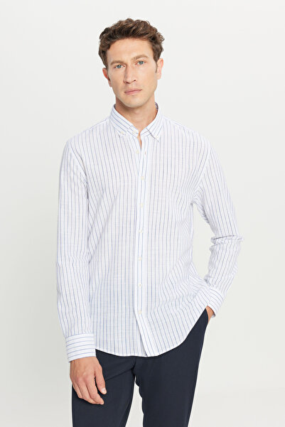 AC&Co / Altınyıldız Classics Чоловіча сорочка синього кольору, 100% бавовна, slim fit, вузький крій, комір на ґудзиках, з армурою