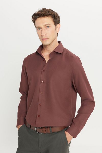 AC&Co / Altınyıldız Classics Men's Burgundy Tailored Slim Fit Slim Fit Small Italian Collar Dobby Oxford Shirt