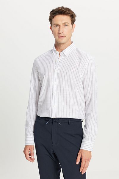 AC&Co / Altınyıldız Classics Men's Gray 100% Cotton Slim Fit Slim Fit Buttoned Shirt Collar Dobby Shirt