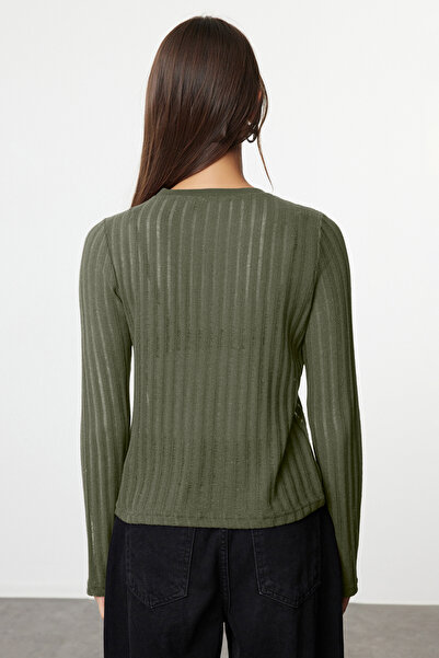 Trendyol Collection Khaki Transparent Knitwear Look Fabric Regular Size Crew Neck Knitted Blouse Twoaw24Bz00094