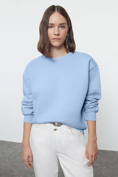 Trendyol Collection Light Blue Thick Fleece Inside Regular/Normal Fit Crew Neck Basic Knitted Sweatshirt Twoaw24Sw00101