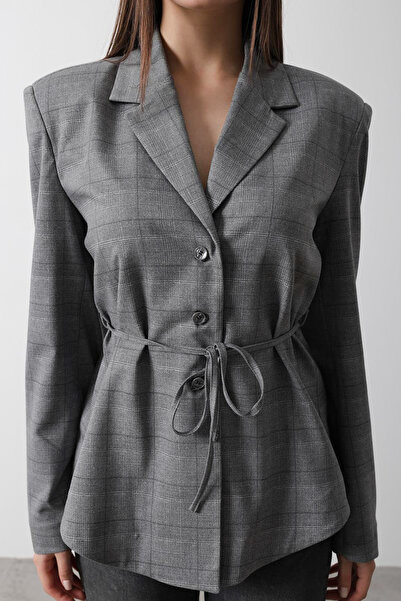 Trendyol Collection Anthracite Plaid Pattern Lace-Up Blazer Jacket Twoaw26Bc00036