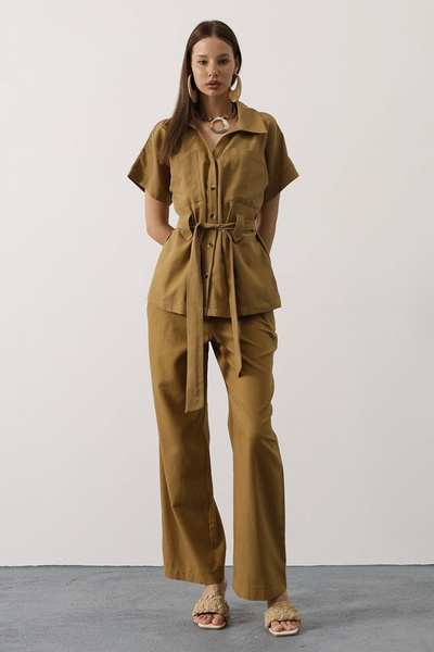 Trendyol Collection Oil Green Belted Shirt and Wide Leg Pants Woven Bottom - Top Set Twoaw26Au00103