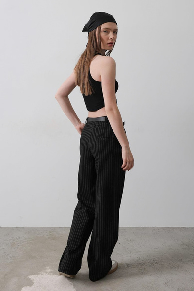 Trendyol Collection Black Belted Striped Wide Leg/Wide Leg Pants Twoaw26Pl00108