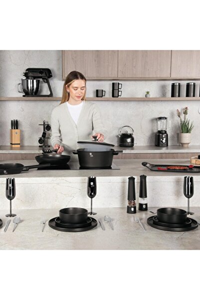 Berlinger Haus Sada 18 talířů Sada kamenného nádobí Matte Black Collection Vhodné do myčky a mikrovlnné trouby