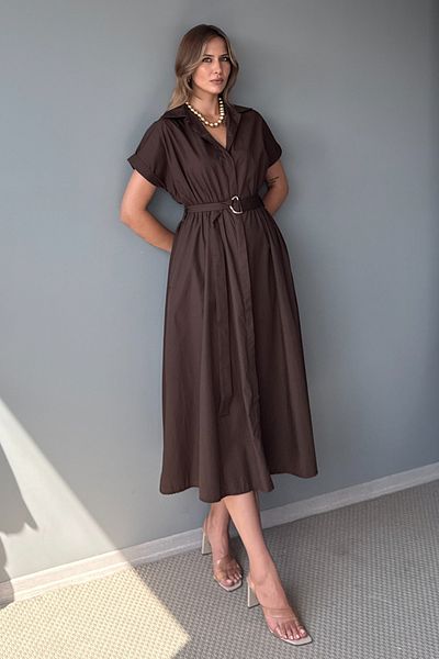 Trendyol Collection Brown Belt Midi Poplin Woven Dress Twoss25El00921