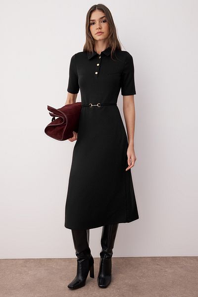 Trendyol Collection Black Belted Three Quarter Sleeve a Line/Flared Straight Midi Knitted Dress Twoaw26El00023