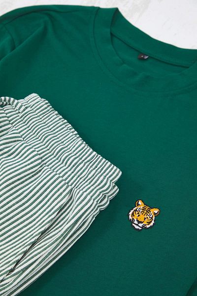 Trendyol Collection Emerald Green Regular Embroidery and Stripe Knitted Pajamas Set Tmnaw26Pt00002