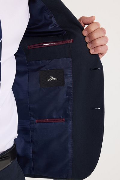 Tudors Men's Regular Fit Navy Blue Flexible Lycra Fabric Mono Collar Suit with Flap Pockets