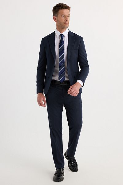 Tudors Men's Regular Fit Navy Blue Flexible Lycra Fabric Mono Collar Suit with Flap Pockets