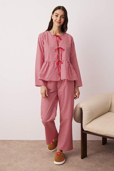 Trendyol Collection Red Plaid Tie Detail Woven Pajama Set Thmaw26Pt00026