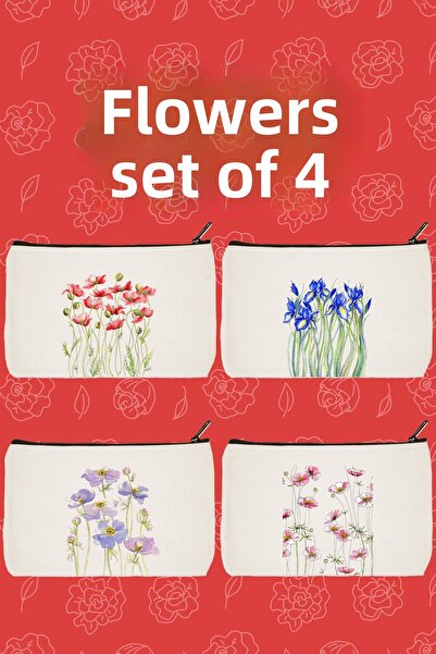 designedfy Чанта за грим с флорални шарки от 4 части - комплект молив и портфейл