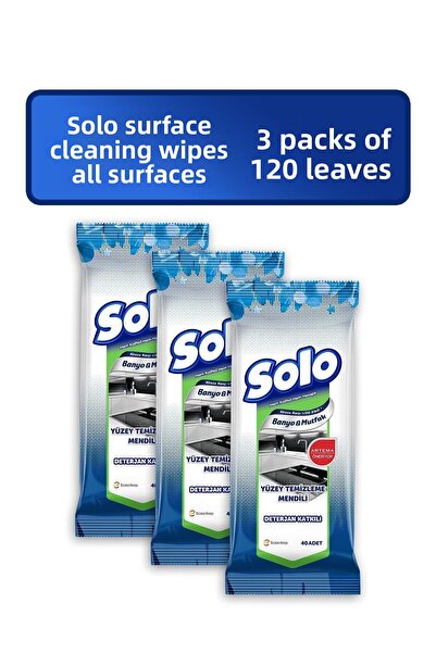 Solo عبوة من 3 مناديل مبللة لتنظيف الأسطح - للمطبخ والحمام، 120 ورقة