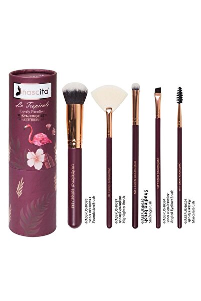 nascita مجموعة فرش مكياج حمراء كلاريت مكونة من 5 قطع -95