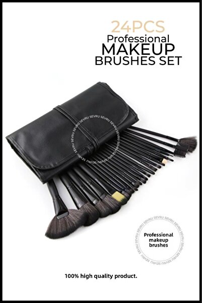 SEVRU مجموعة فرش مكياج احترافية مكونة من 24 قطعة من الجلد الأسود
