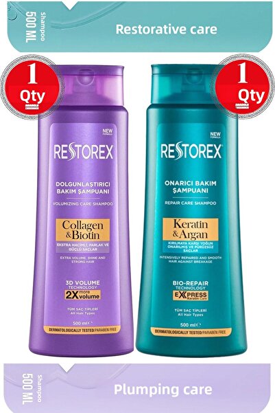 Restorex شامبو الكيراتين والأرغان 500 مل + شامبو الكولاجين والبيوتين 500 مل